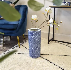 18" Oriental Cylinder Vase - Blue / White kitchen essentials, utensils set