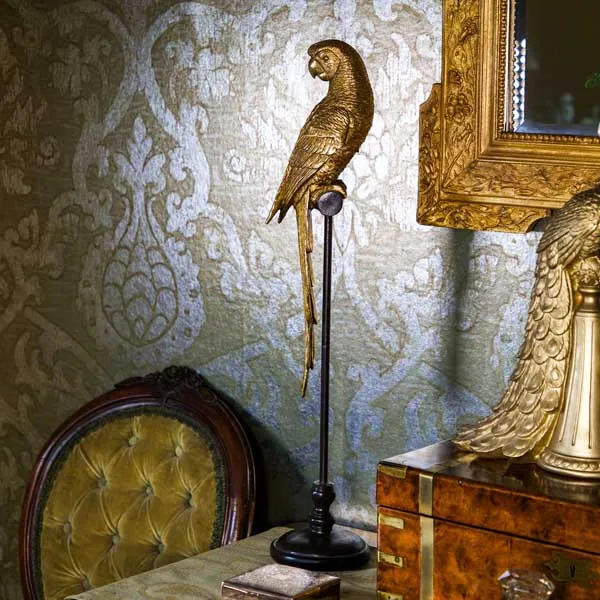 Art Deco Gold Parrot Statue Mounted on a Black Stand