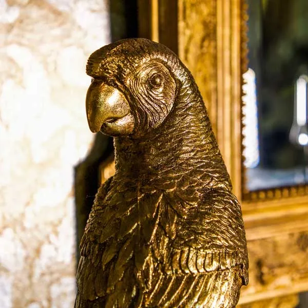 Art Deco Gold Parrot Statue Mounted on a Black Stand