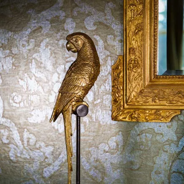 Art Deco Gold Parrot Statue Mounted on a Black Stand