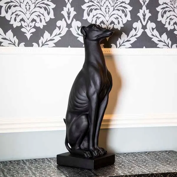 Art Deco Sitting Black Greyhound On Plinth Ornament