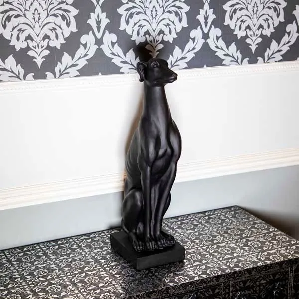 Art Deco Sitting Black Greyhound On Plinth Ornament