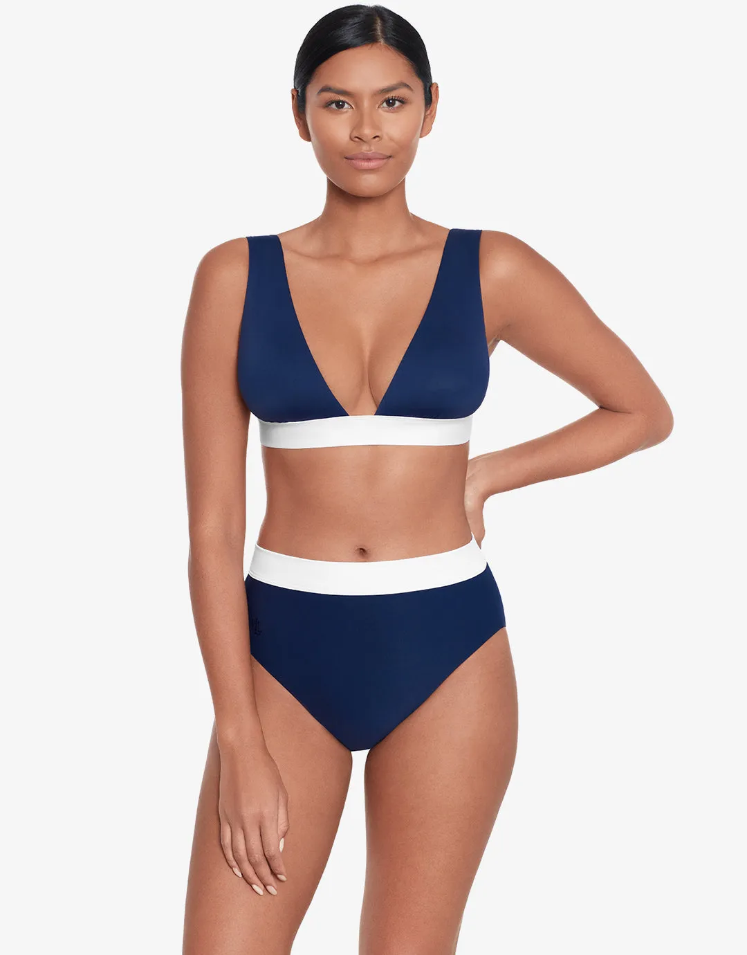 Bel Air Modern V Neck Bikini Top - Navy and White