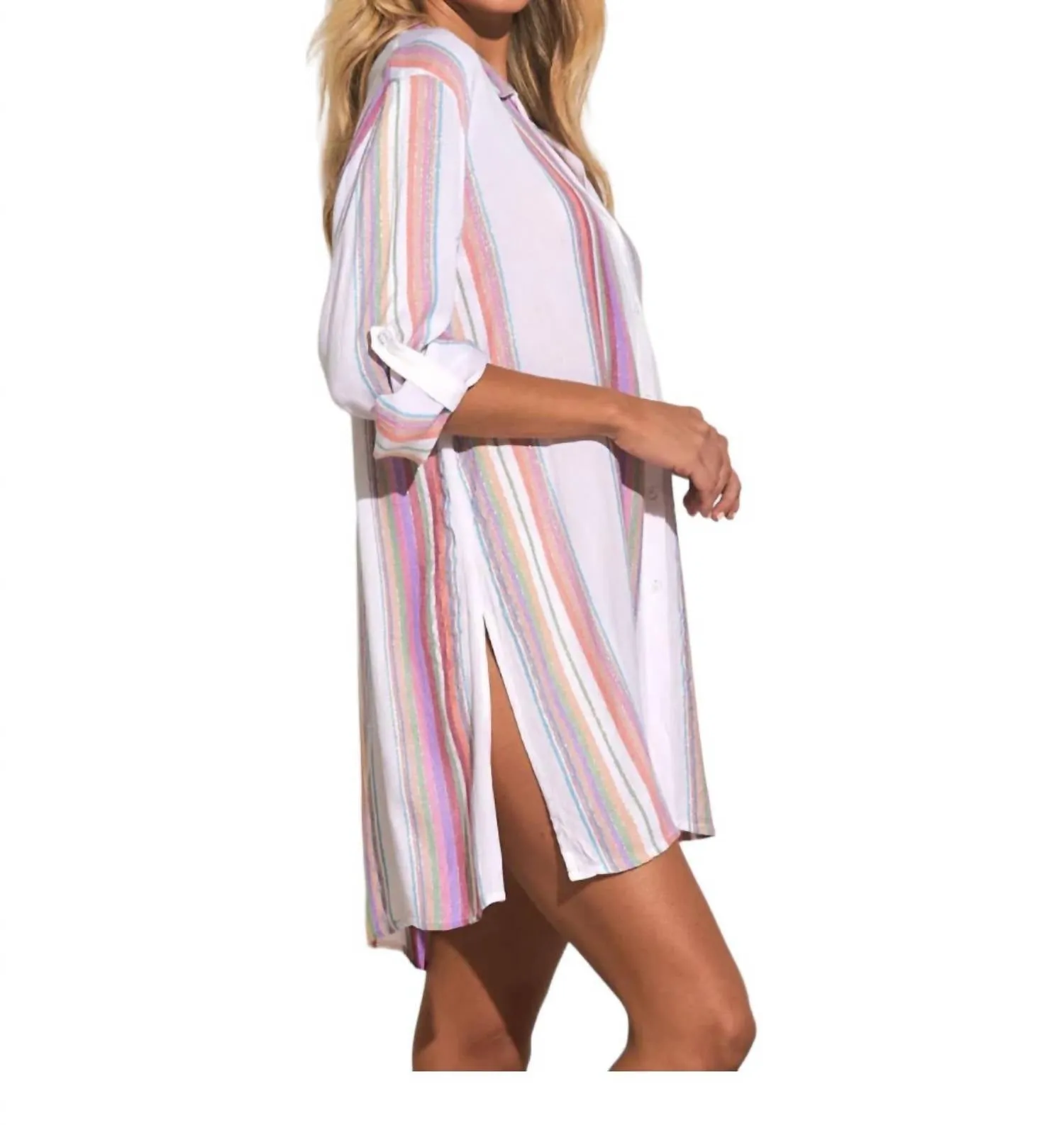 Bermuda Boyfriend Cover Up Shirt In Multi Stripe