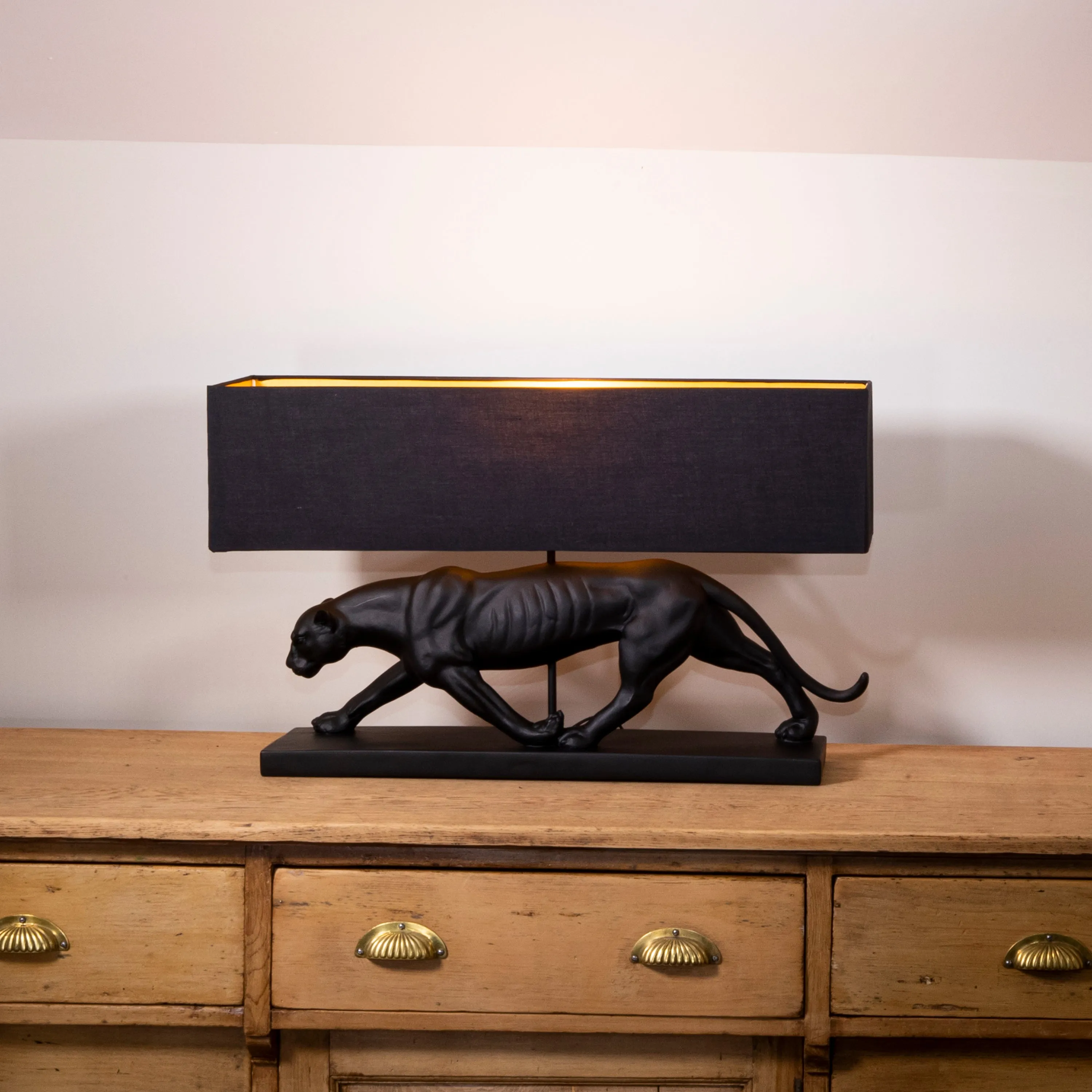 Black Panther Lamp Base with a Black and Gold Lamp Shade