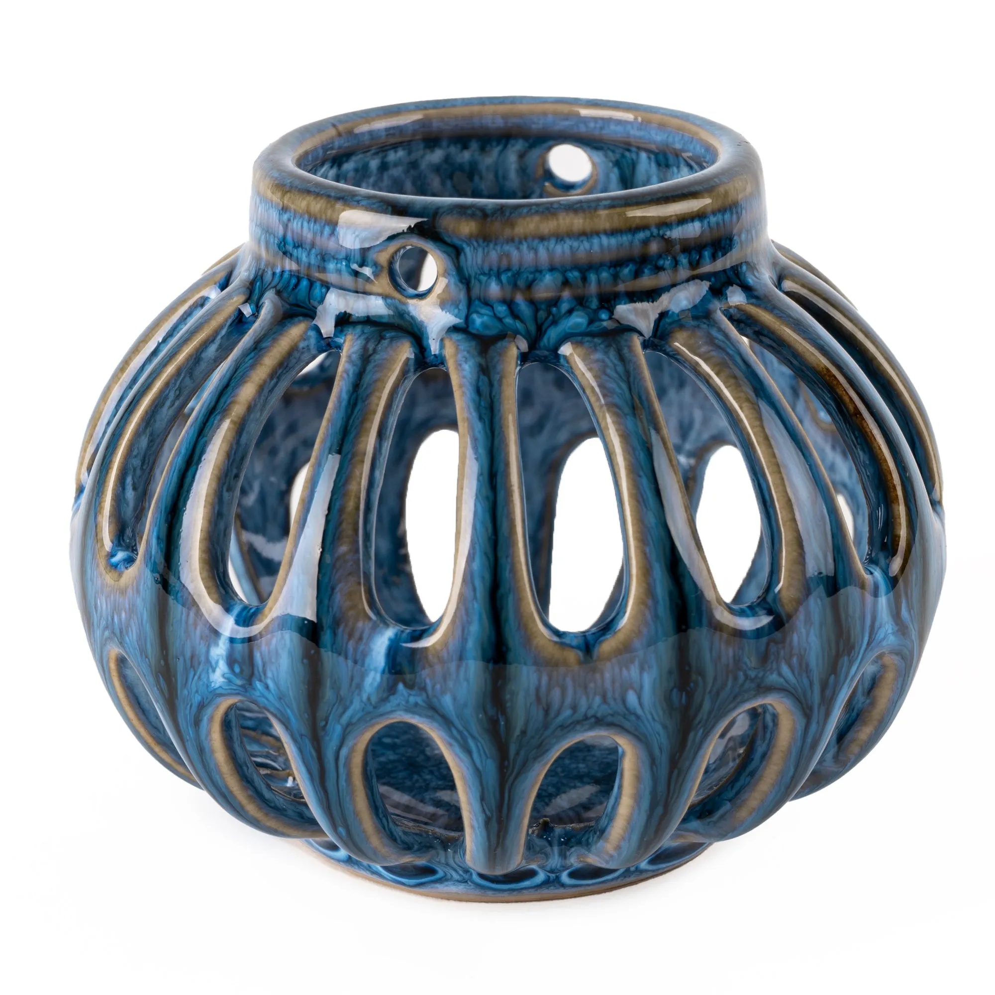 Blue reactive glaze tealight holder lantern