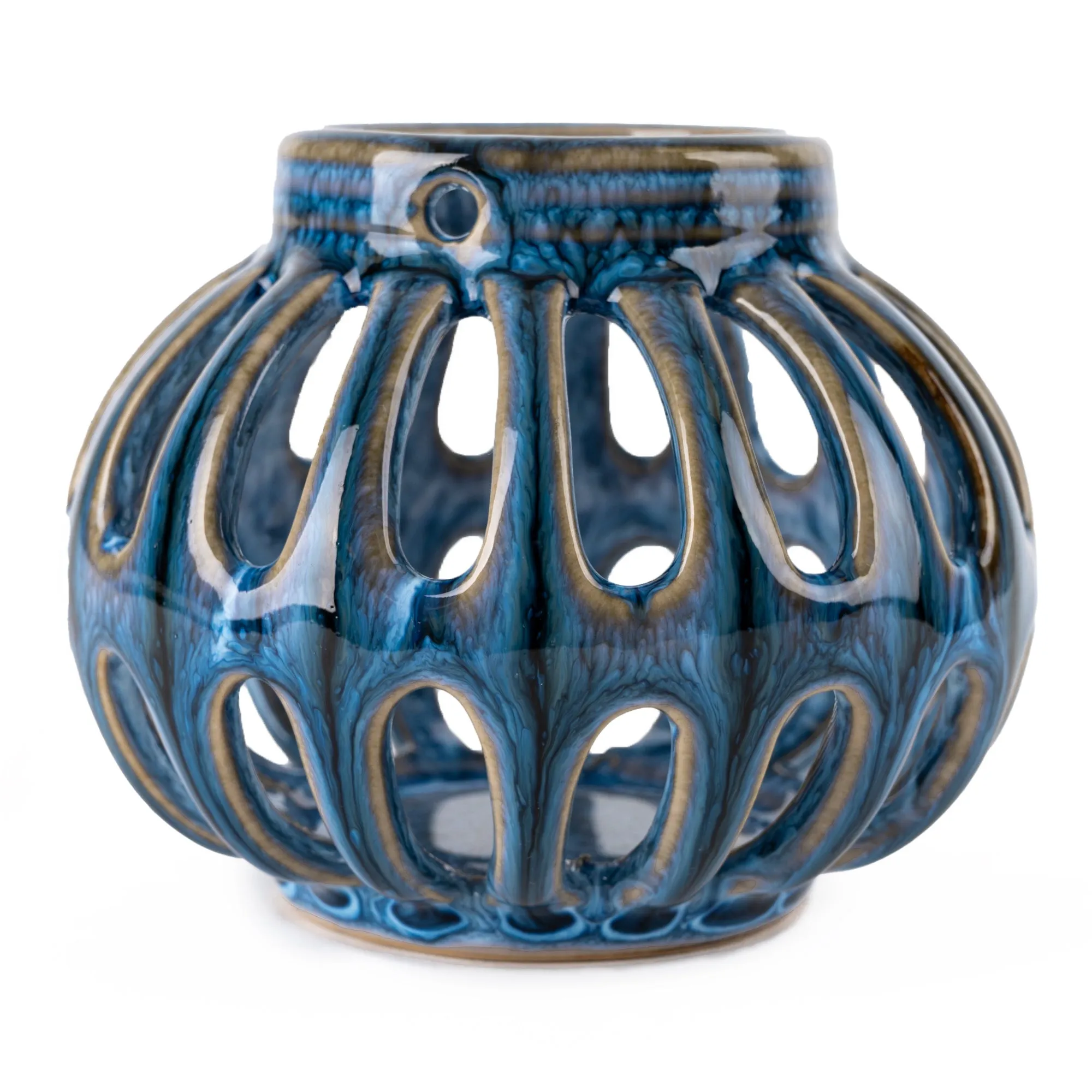 Blue reactive glaze tealight holder lantern