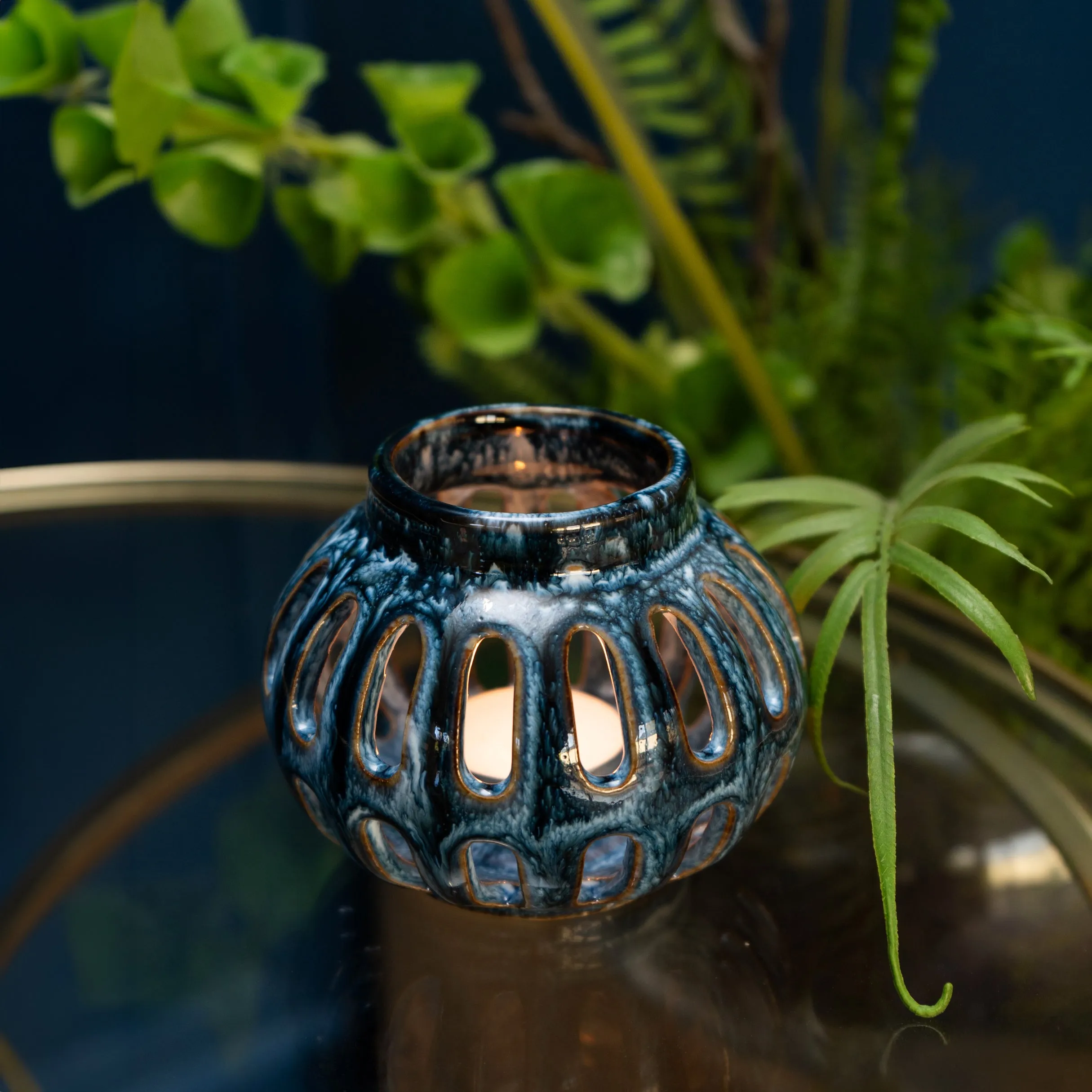 Blue reactive glaze tealight holder lantern