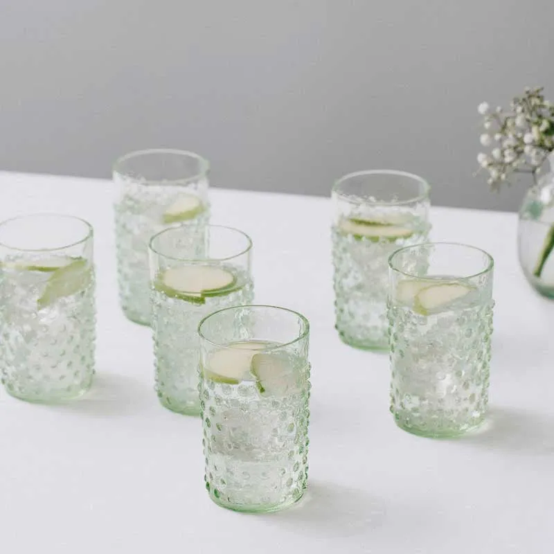 Bobble Set of 6 glass tumblers, Light Green ceramic platter, appetizer tray