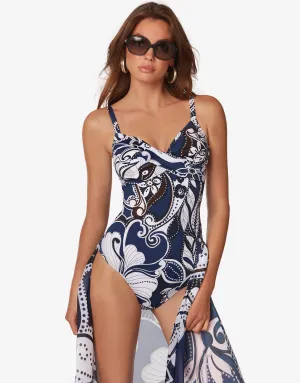 Cachemire Underwire Crossover Swimsuit - Blue and White