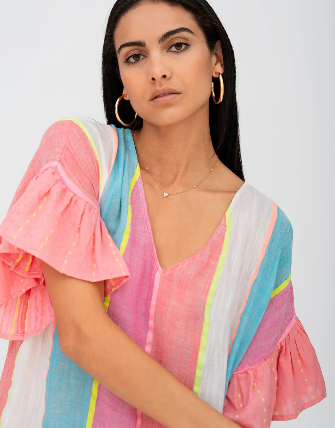 Contrast Ruffle Sleeve V Neck Dress - Multi