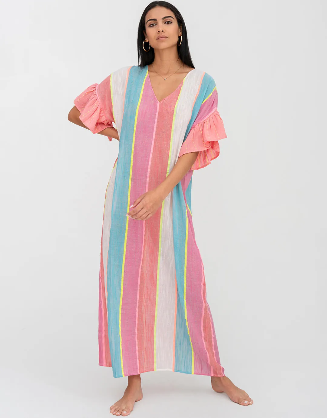 Contrast Ruffle Sleeve V Neck Dress - Multi