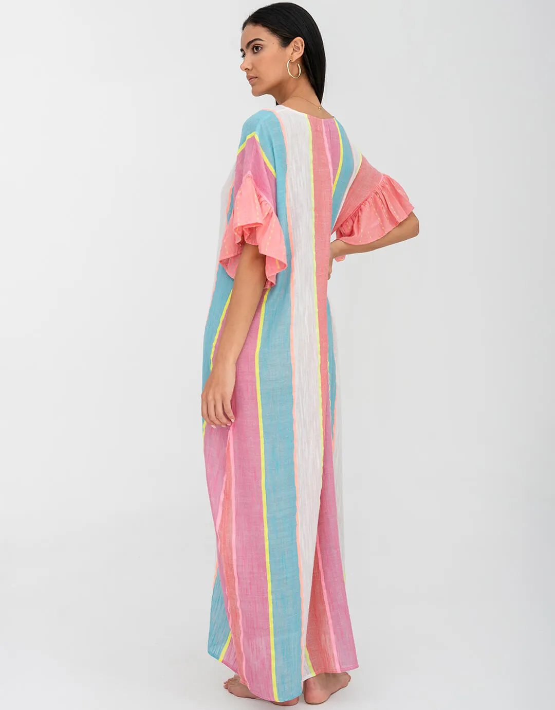 Contrast Ruffle Sleeve V Neck Dress - Multi