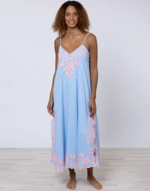 Cotton V-Neck Slip Dress with Butterfly Embroidery - Blue and Neon Pink