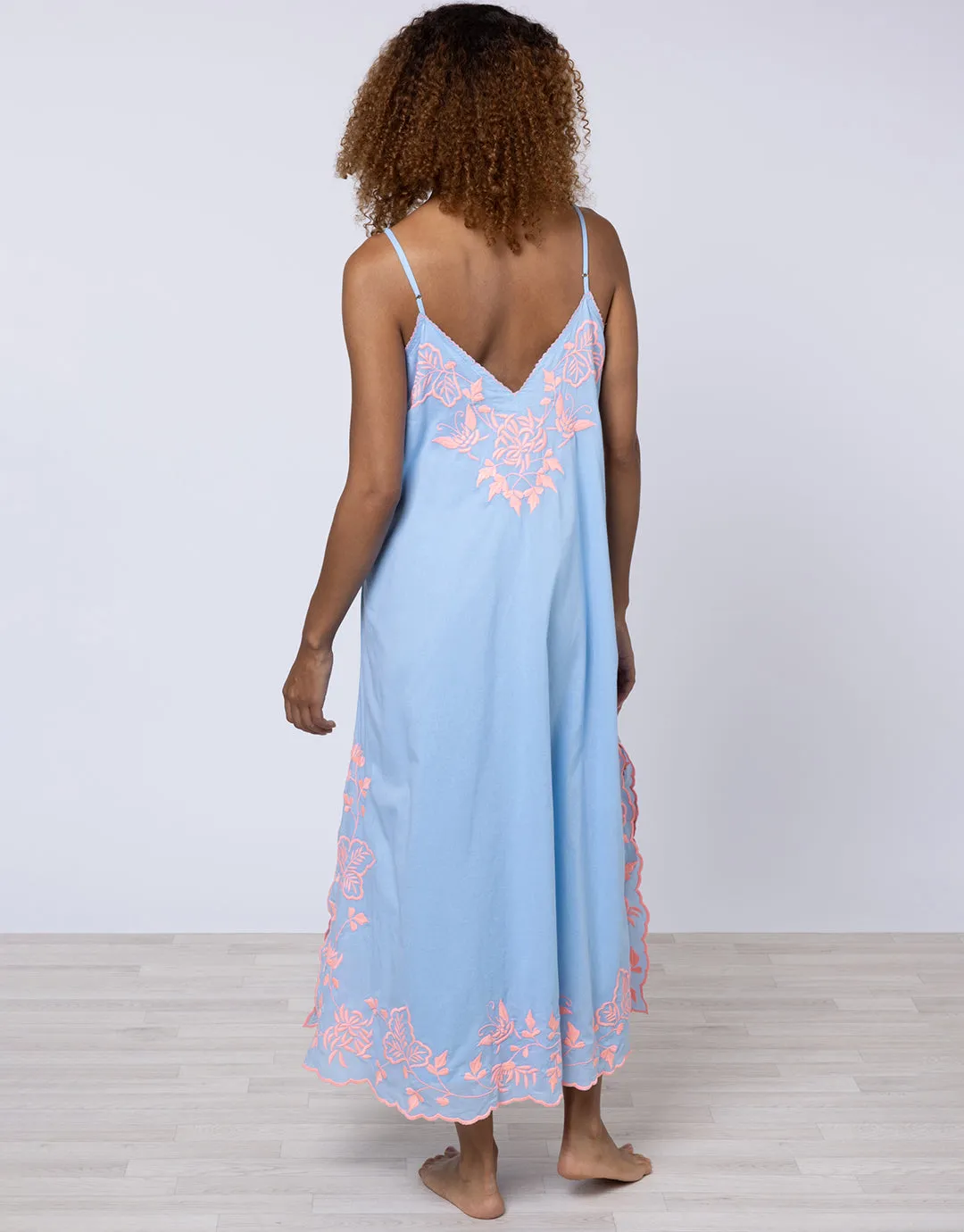 Cotton V-Neck Slip Dress with Butterfly Embroidery - Blue and Neon Pink