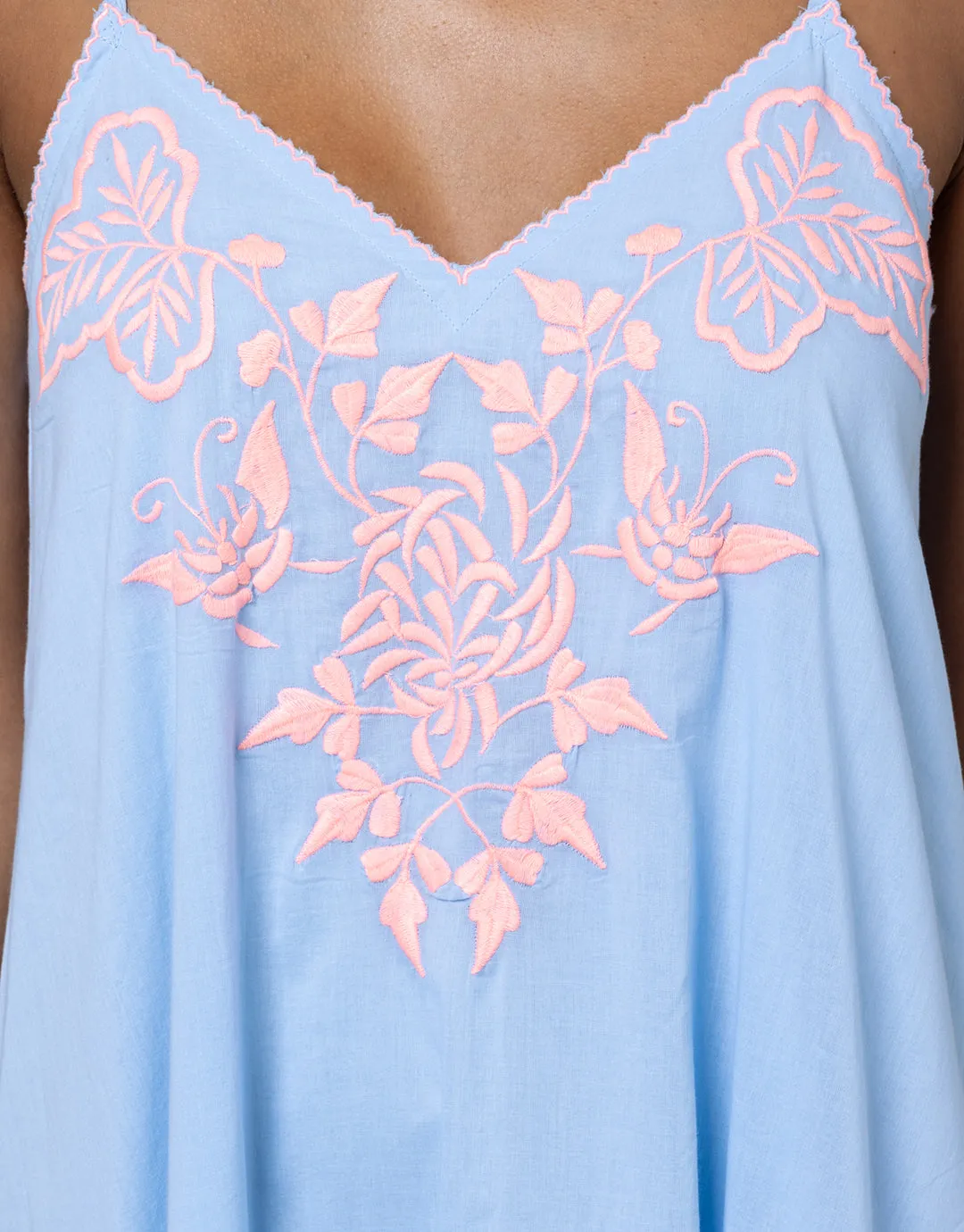 Cotton V-Neck Slip Dress with Butterfly Embroidery - Blue and Neon Pink