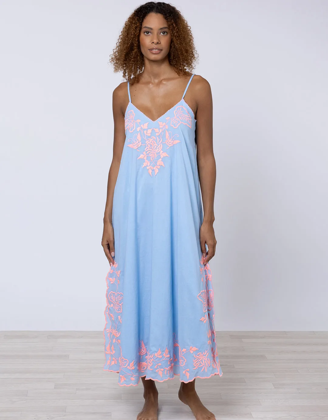 Cotton V-Neck Slip Dress with Butterfly Embroidery - Blue and Neon Pink