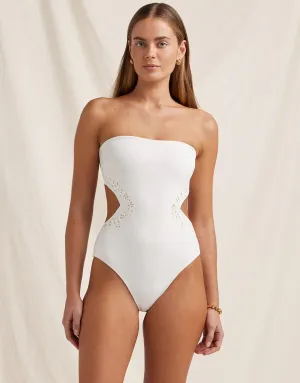 Creme Memoir Embroidered Strapless Swimsuit - White