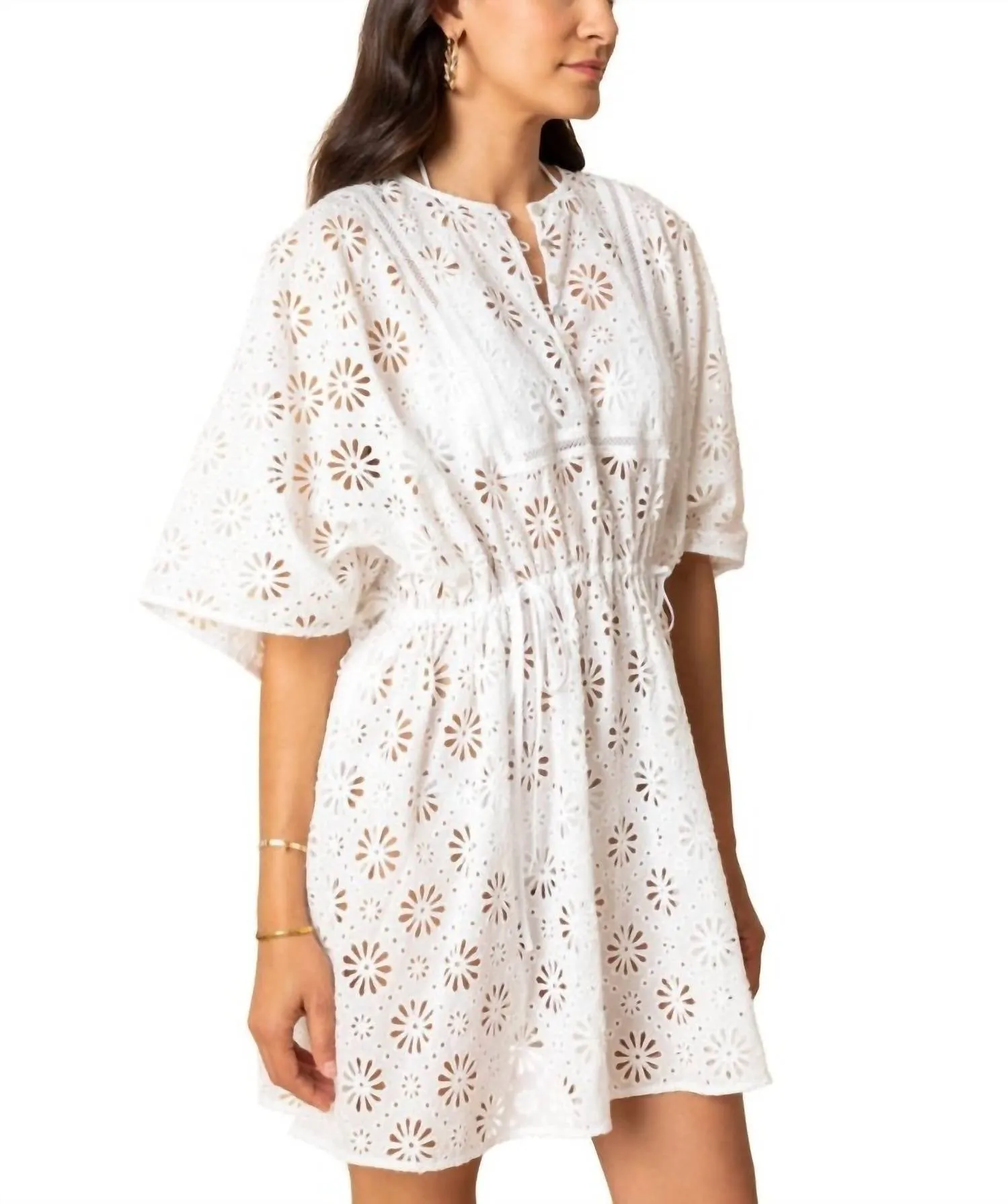 Daisy Eyelet Mini Caftan In White