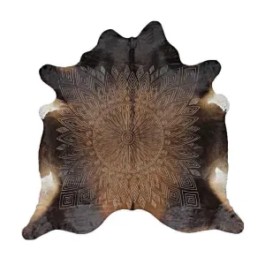 Damask Laser Etched Cowhide Rug - Black/Brown fire pit, outdoor fire bowl