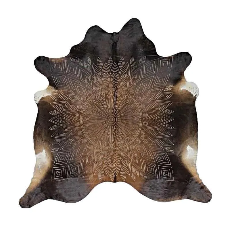 Damask Laser Etched Cowhide Rug - Black/Brown fire pit, outdoor fire bowl