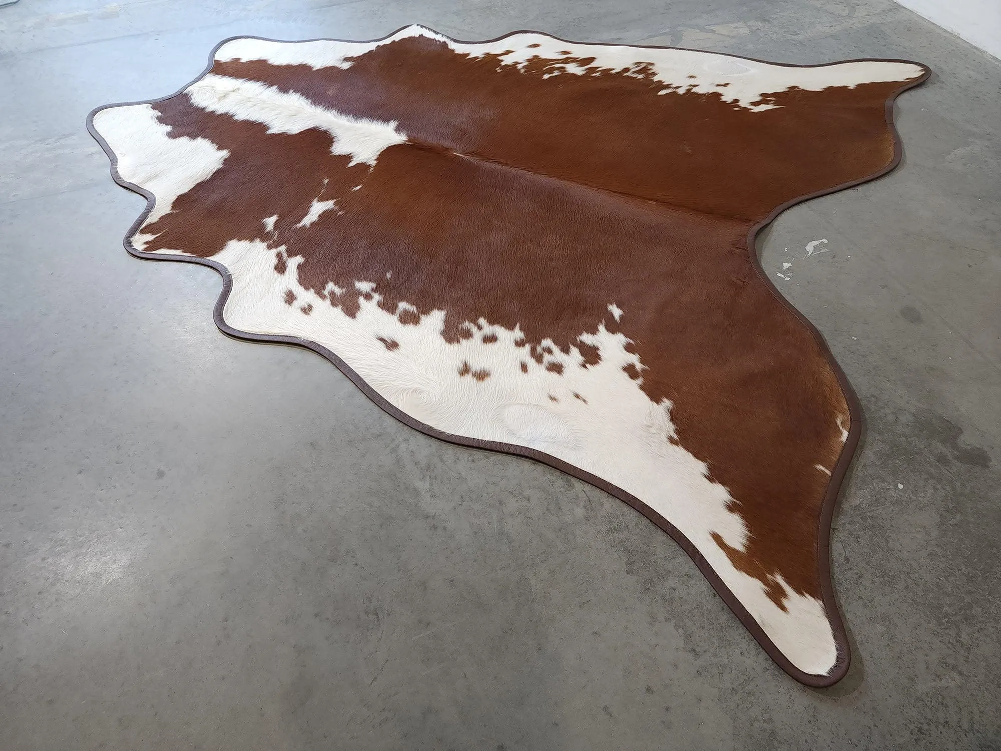Dark Brown & White Cowhide w/ Leather Trim USA rug, patriotic rug