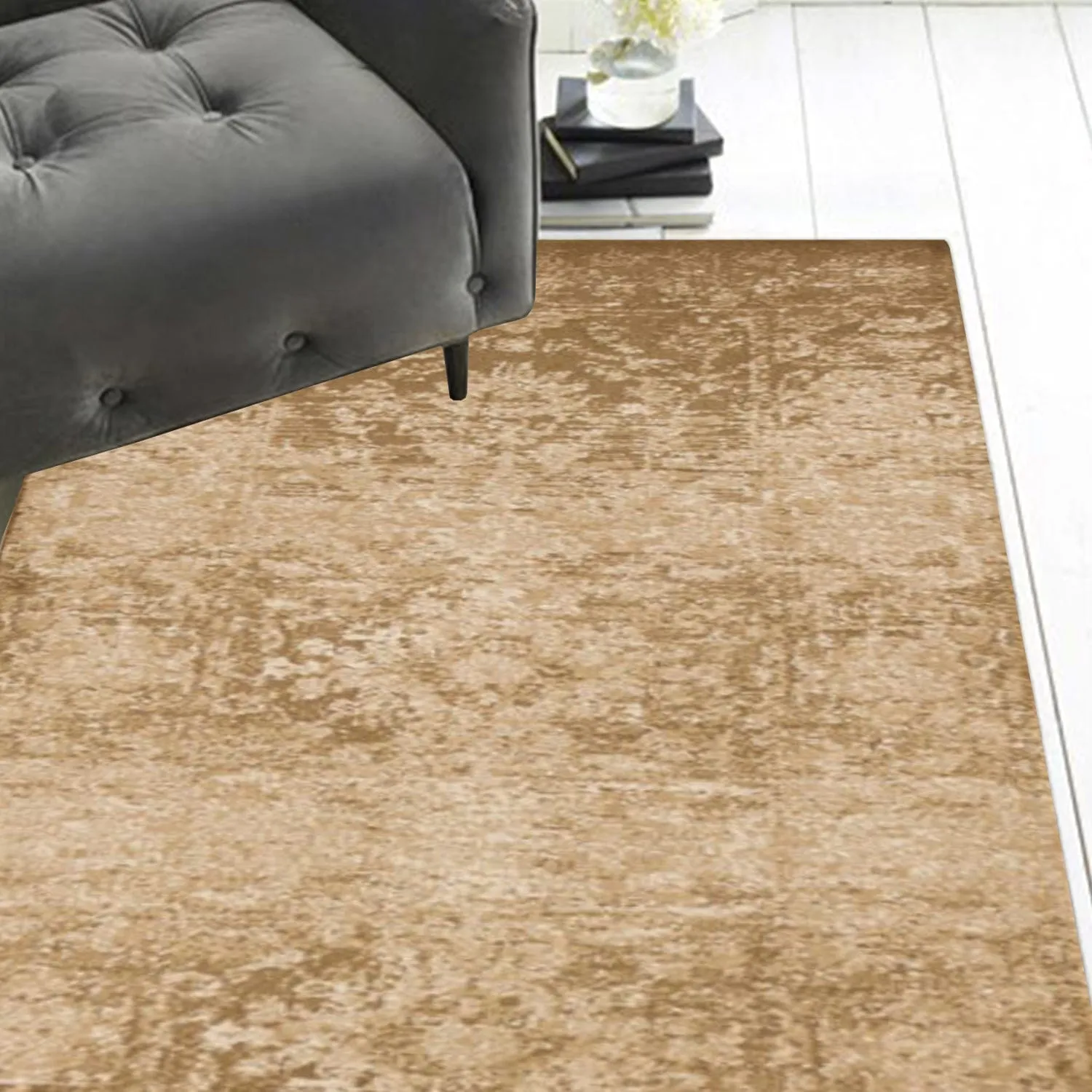Distressed Patterned Beige Floor Runner