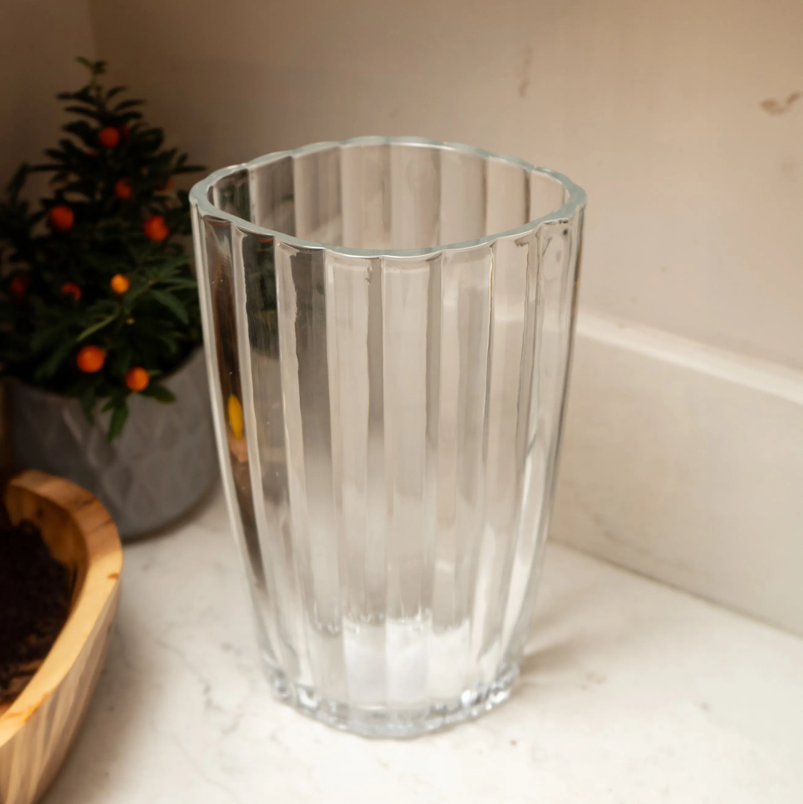 Elegant 24.5cm Clear Glass Vase with Charming Ridged Detail