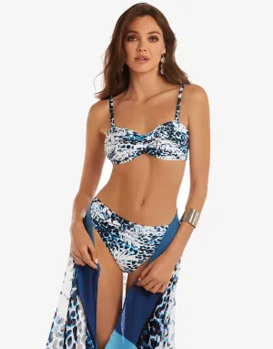Ethnic Palm Ruched Bandeau Bikini Set - Blue