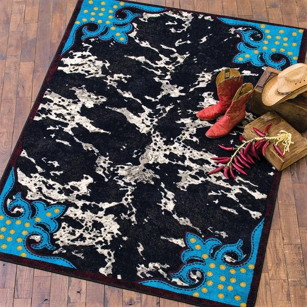 Fancy Cowhide Rug Turquoise Black & White sectional couch, U-shape sofa