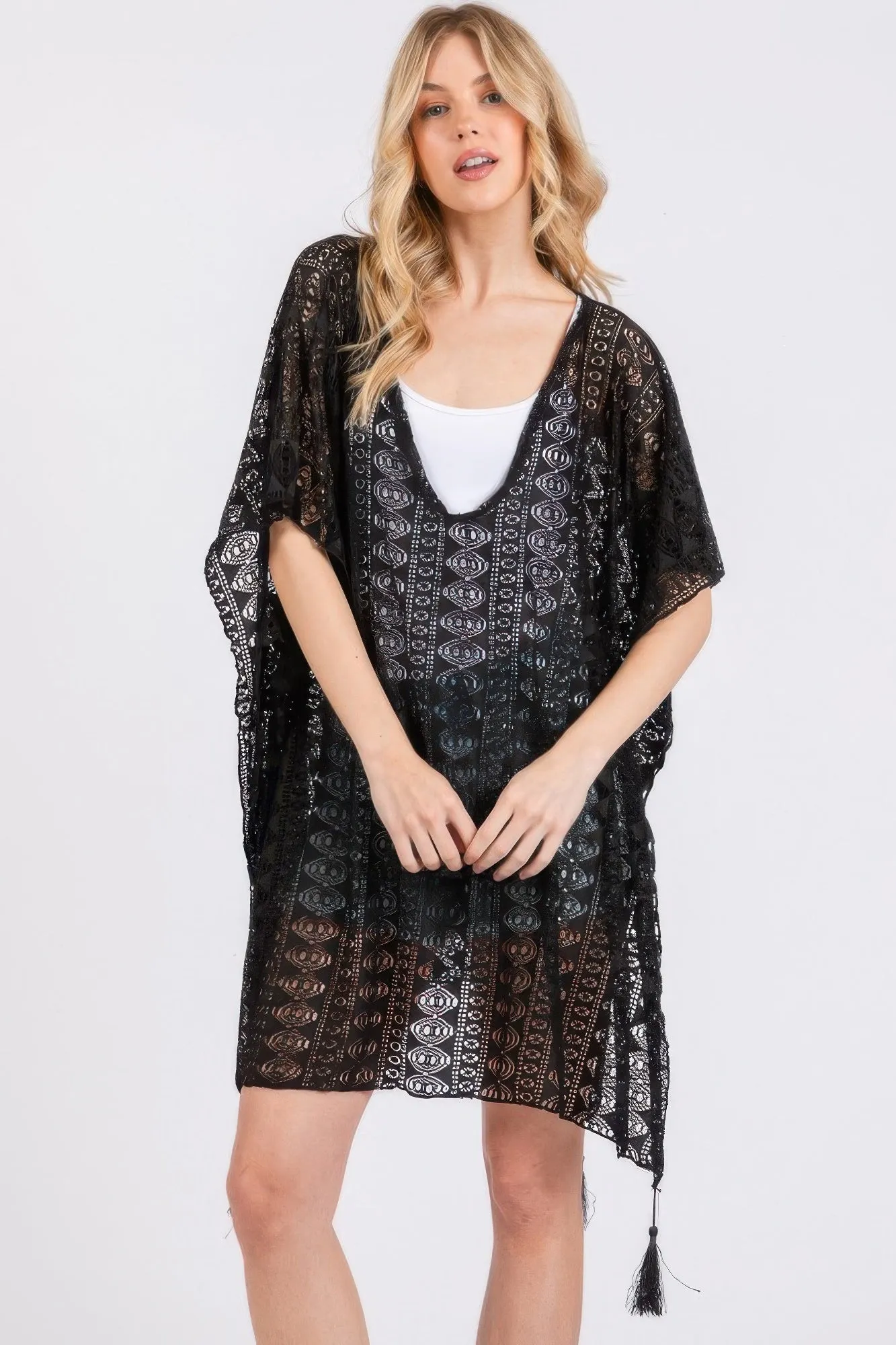 FASHNZFAB Crochet Lace Tassel Cover Up