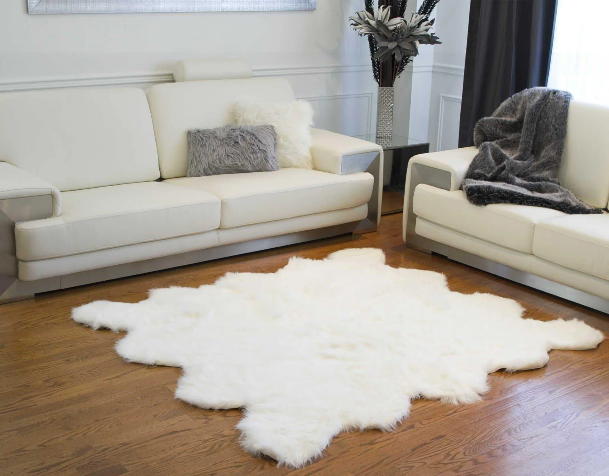 Faux Sheepskin Area Rug 6' x 6' sectional couch, U-shape sofa
