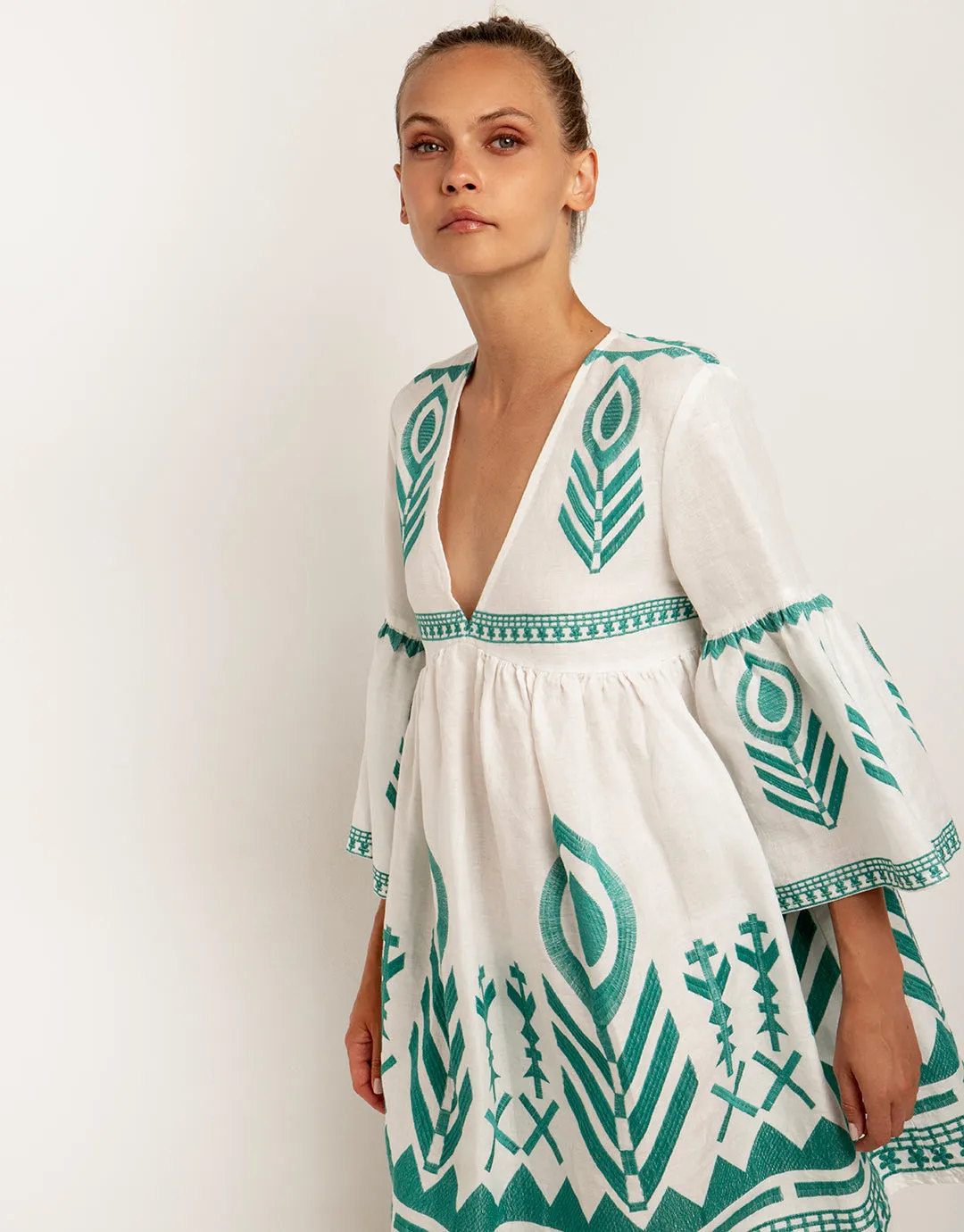 Feathers Mini Dress - White and Emerald