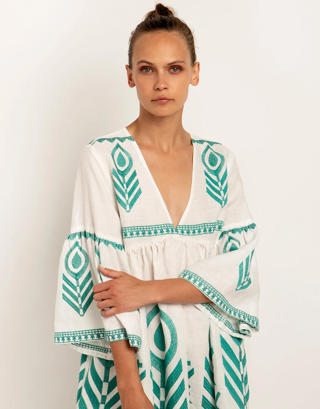 Feathers Mini Dress - White and Emerald