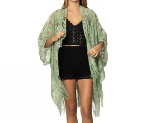 Floral Lace Fringe Boho Kimono Wrap Shawl Cover Up In Sage Green