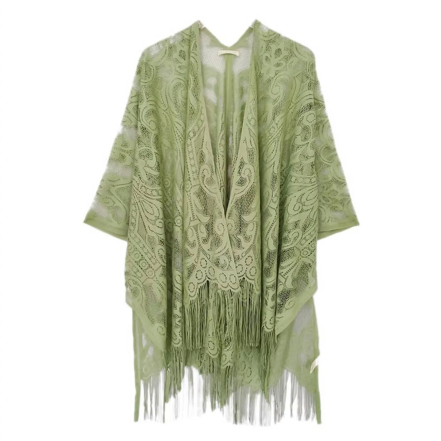 Floral Lace Fringe Boho Kimono Wrap Shawl Cover Up In Sage Green