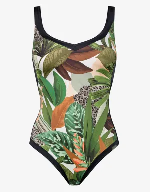 Floral Safari Shaped Neck Swimsuit - White Jungle