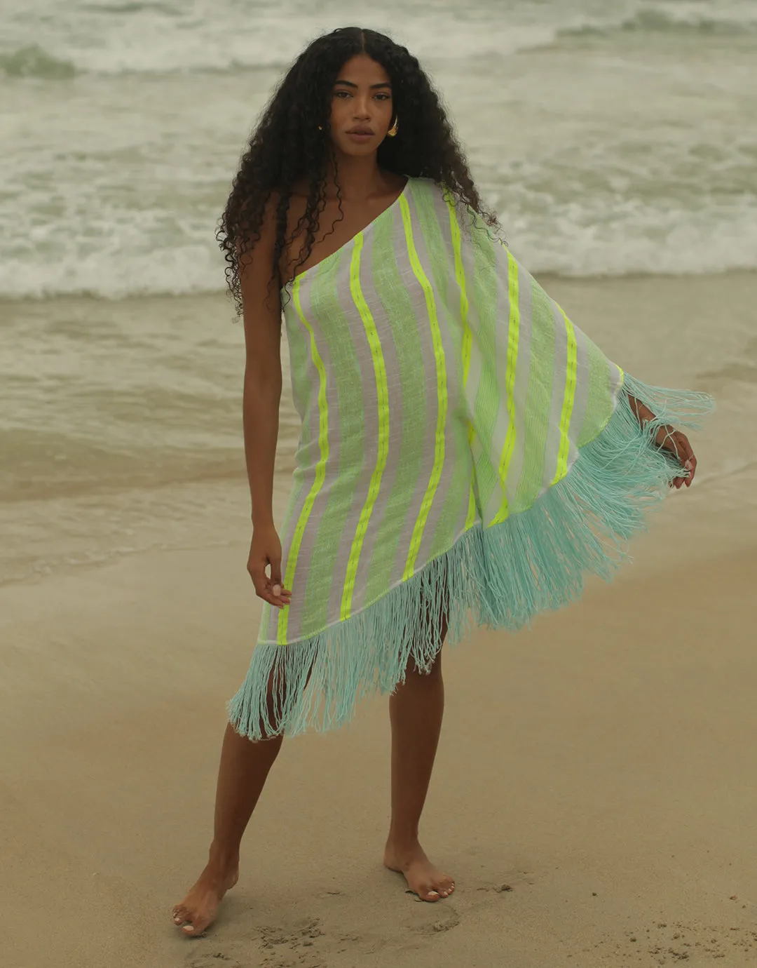 Fringed One Shoulder Kaftan - Neon Yellow