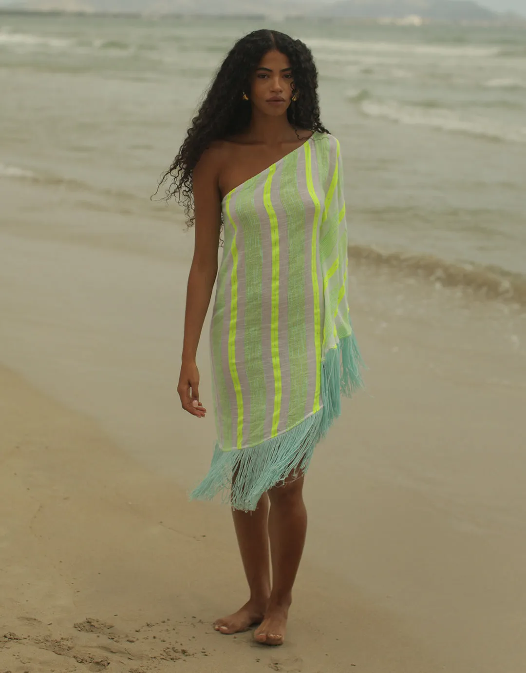 Fringed One Shoulder Kaftan - Neon Yellow