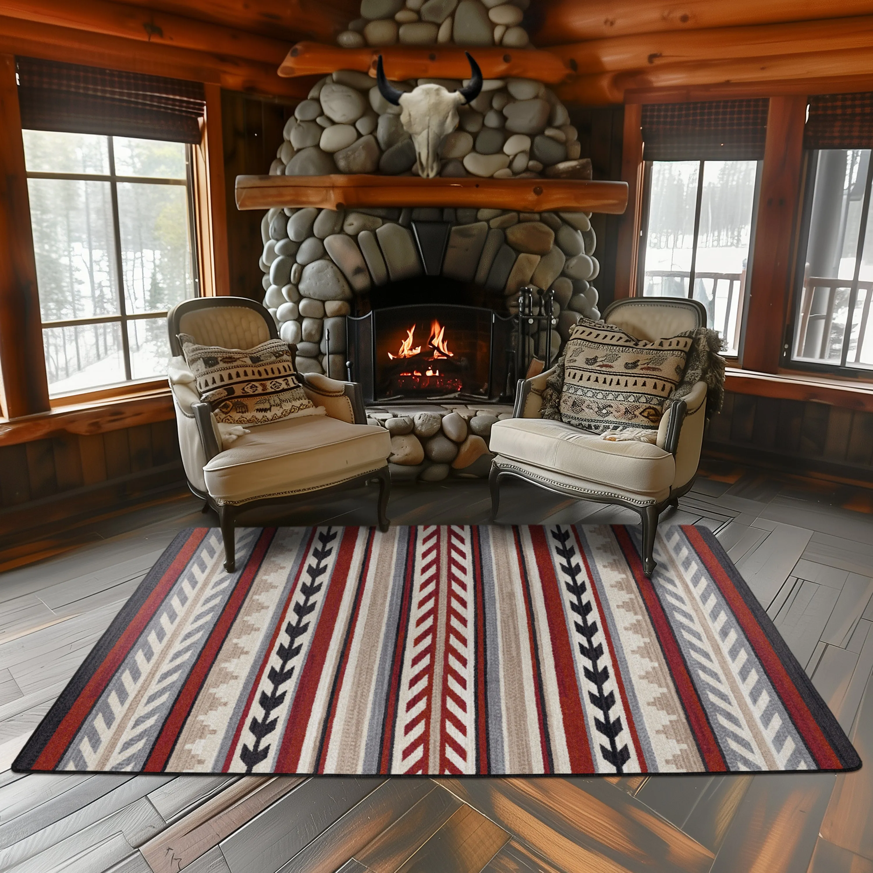 Grand Lodge Progression Rugs in Red sectional couch, U-shape sofa