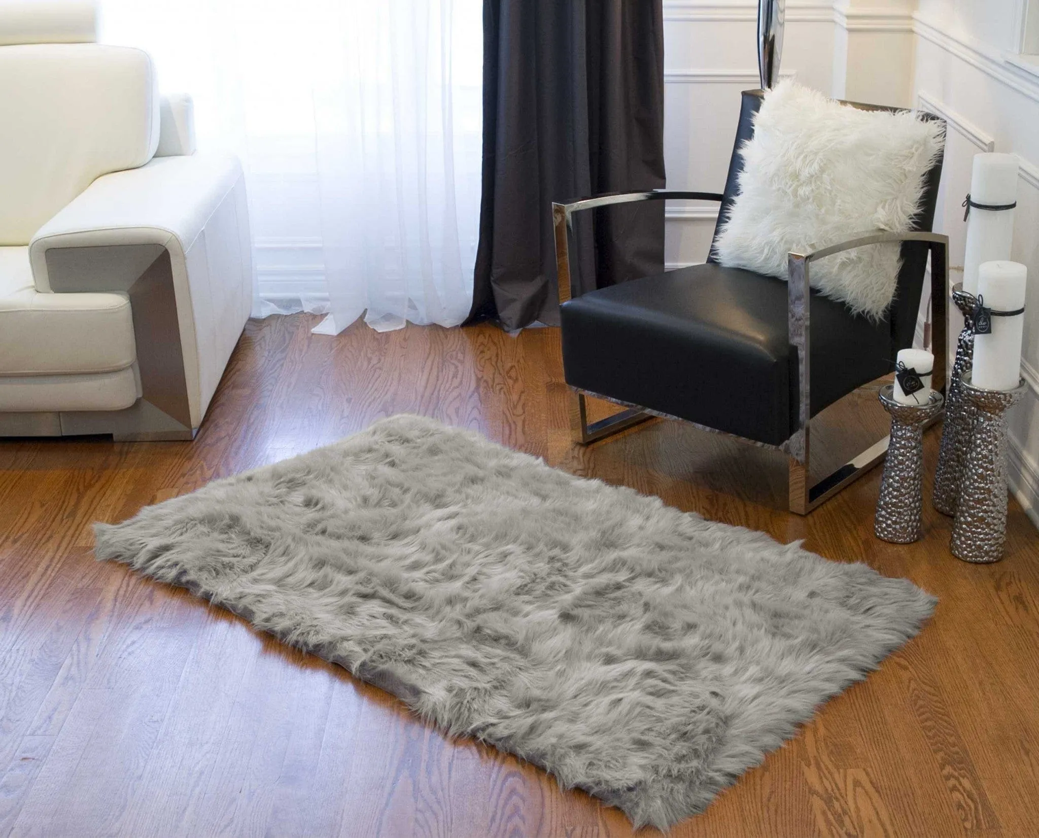 Gray Faux Fur Area Rug sectional couch, U-shape sofa