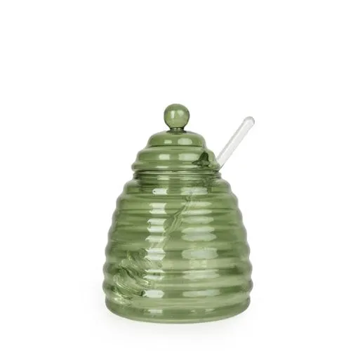 Green Glass Honey Jar with Bee Lid kitchen essentials, utensils set