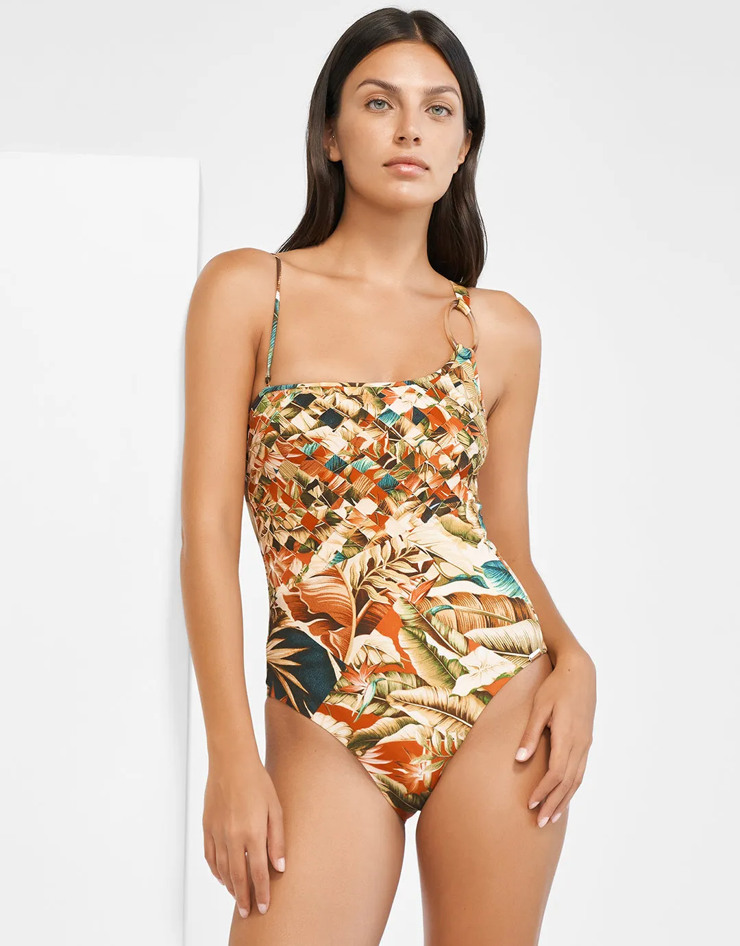 Hypnotic One Shoulder Swimsuit - Sepia Leaves