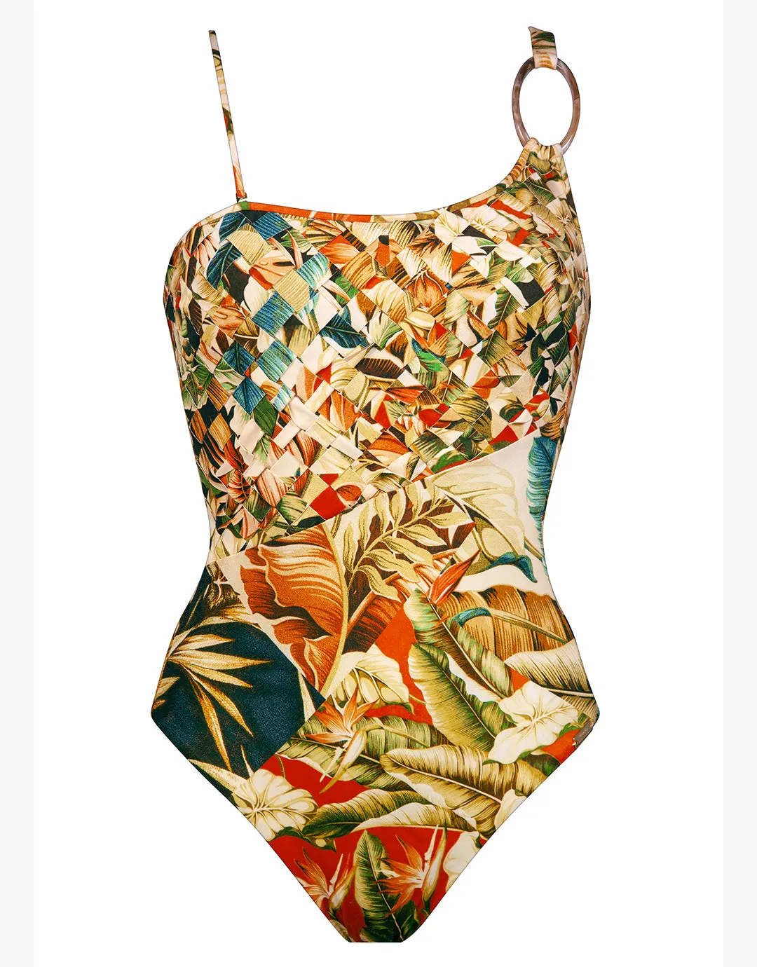 Hypnotic One Shoulder Swimsuit - Sepia Leaves