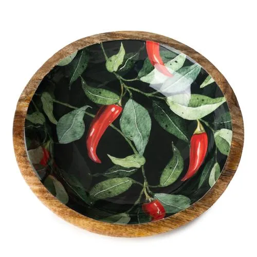 Large Mango Wood Bowl with Chilli Enamel Print