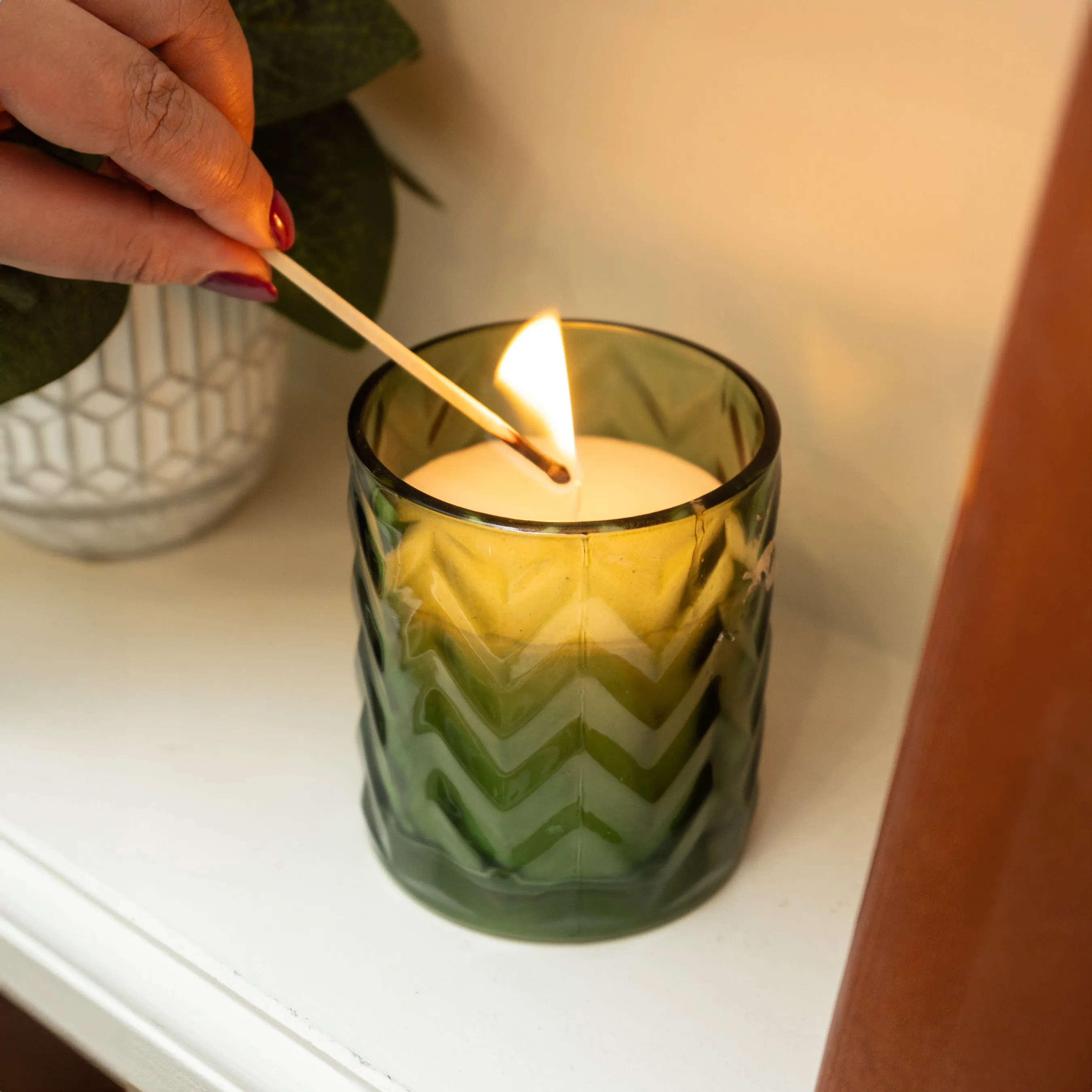 Large Zigzag Green Glass Candle Holder Infused with Mediterranean Lemon Grove Scent