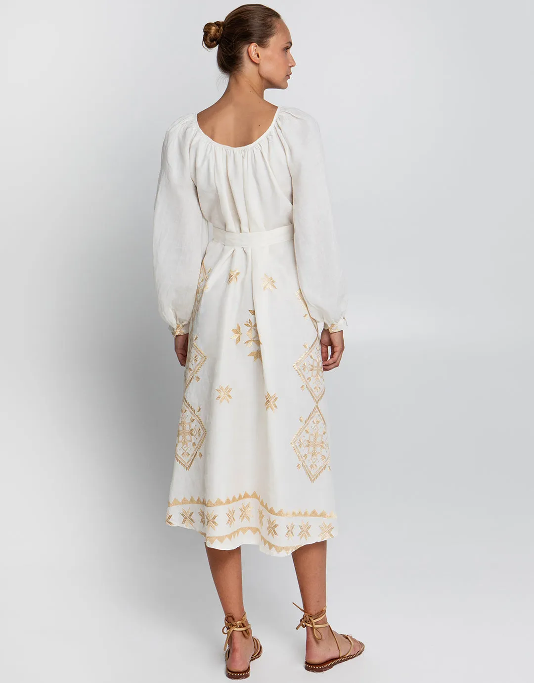 Lefkada Round Neck Midi Kaftan Dress - Natural and Gold