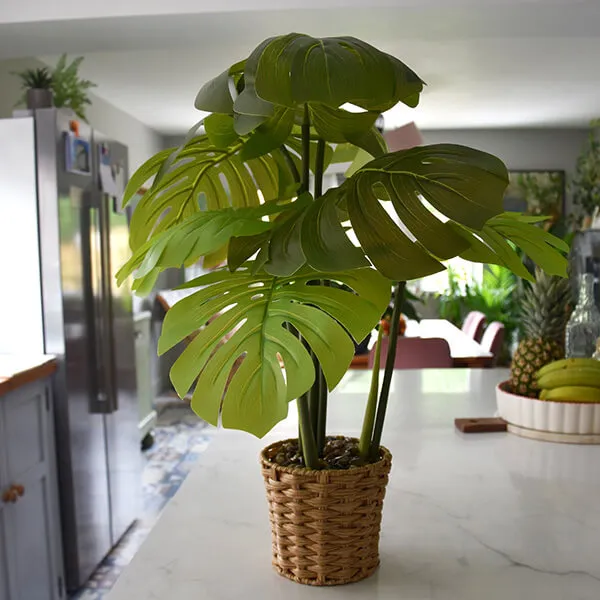Lifelike Green Leaves in Elegant Beige Wicker Pot