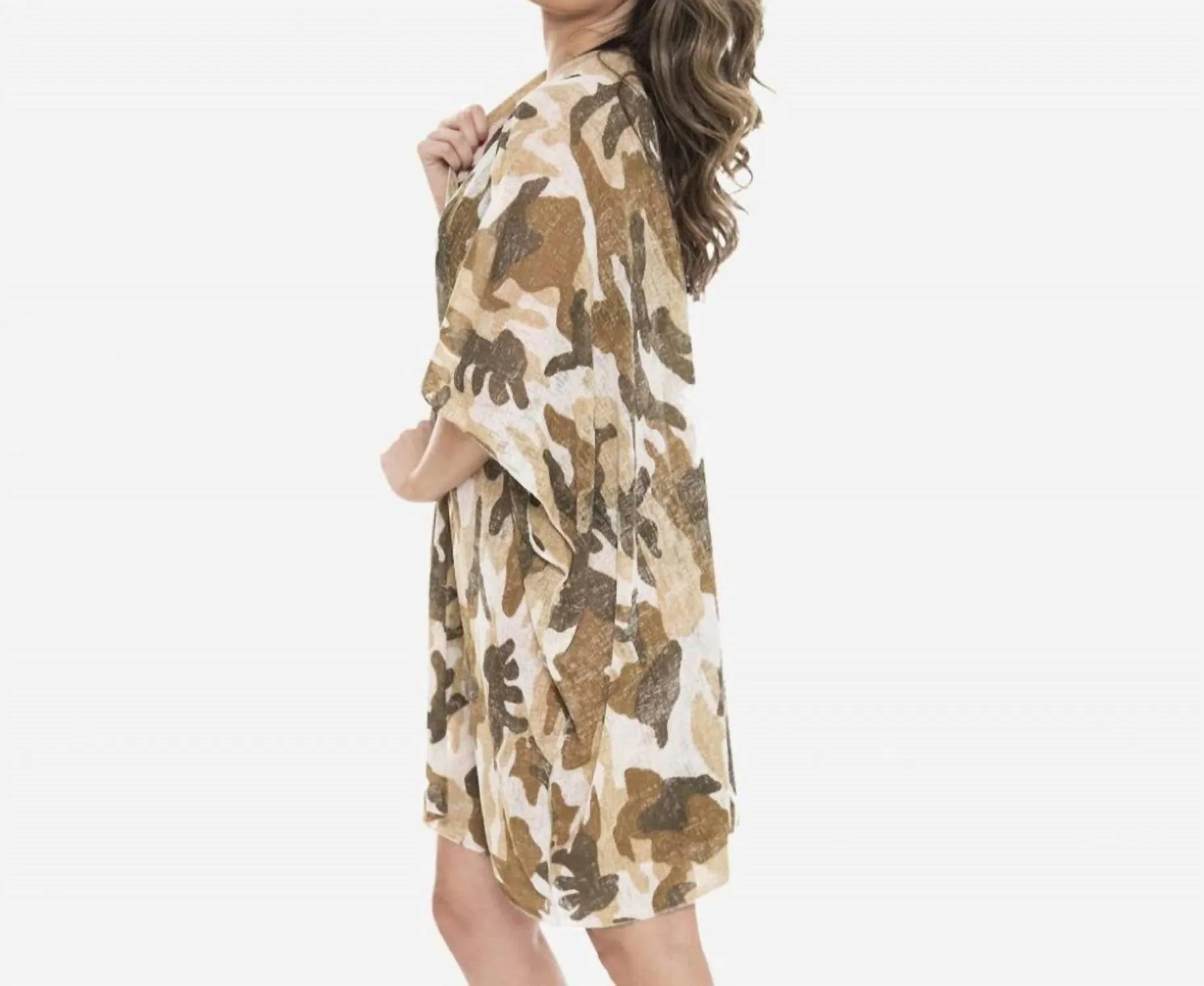 Lightweight Camouflage Print Kimono In Camel Tan