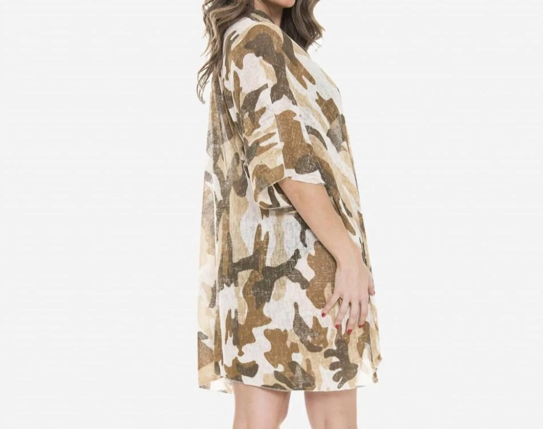 Lightweight Camouflage Print Kimono In Camel Tan